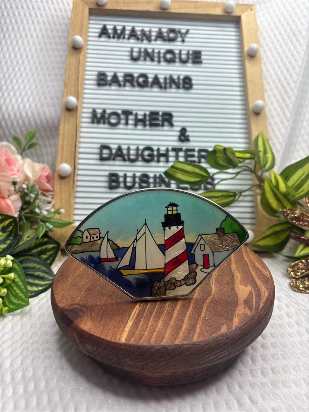 Joan Baker Lighthouse BEADED Hand painted Glass Window Art
